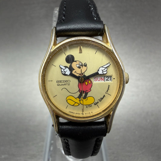 Seiko Mickey Watch Women 22mm Champagne Dial Gold Tone Daydate 3Y03-0049 New Bat0