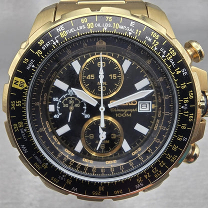 Seiko Flightmaster Chronograph Watch Men 45mm Black Dial Gold 7T62-0JR0 New Batt2