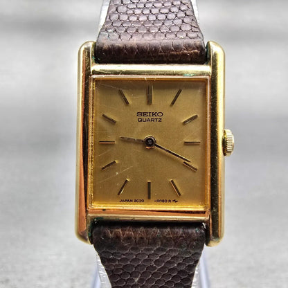 Seiko Watch Women 17mm Gold Dial Gold Tone Rectangle 2C20-5019 New Battery VTG0