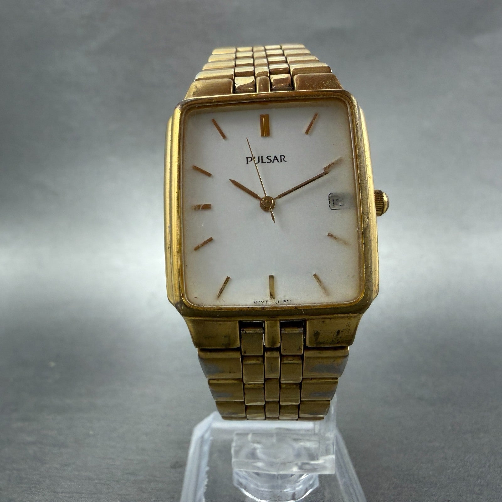 Pulsar Tank Watch Men 27mm White Dial Gold Tone Date Rectangle VX32-X154 NewBatt5
