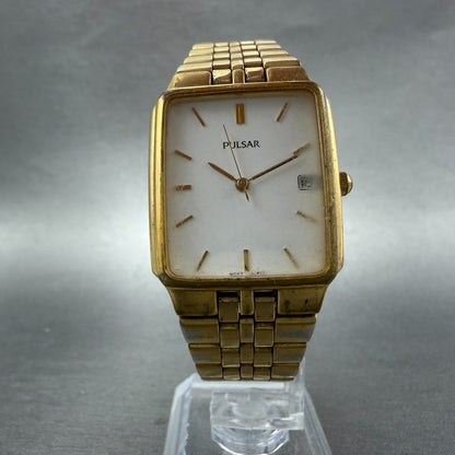 Pulsar Tank Watch Men 27mm White Dial Gold Tone Date Rectangle VX32-X154 NewBatt5