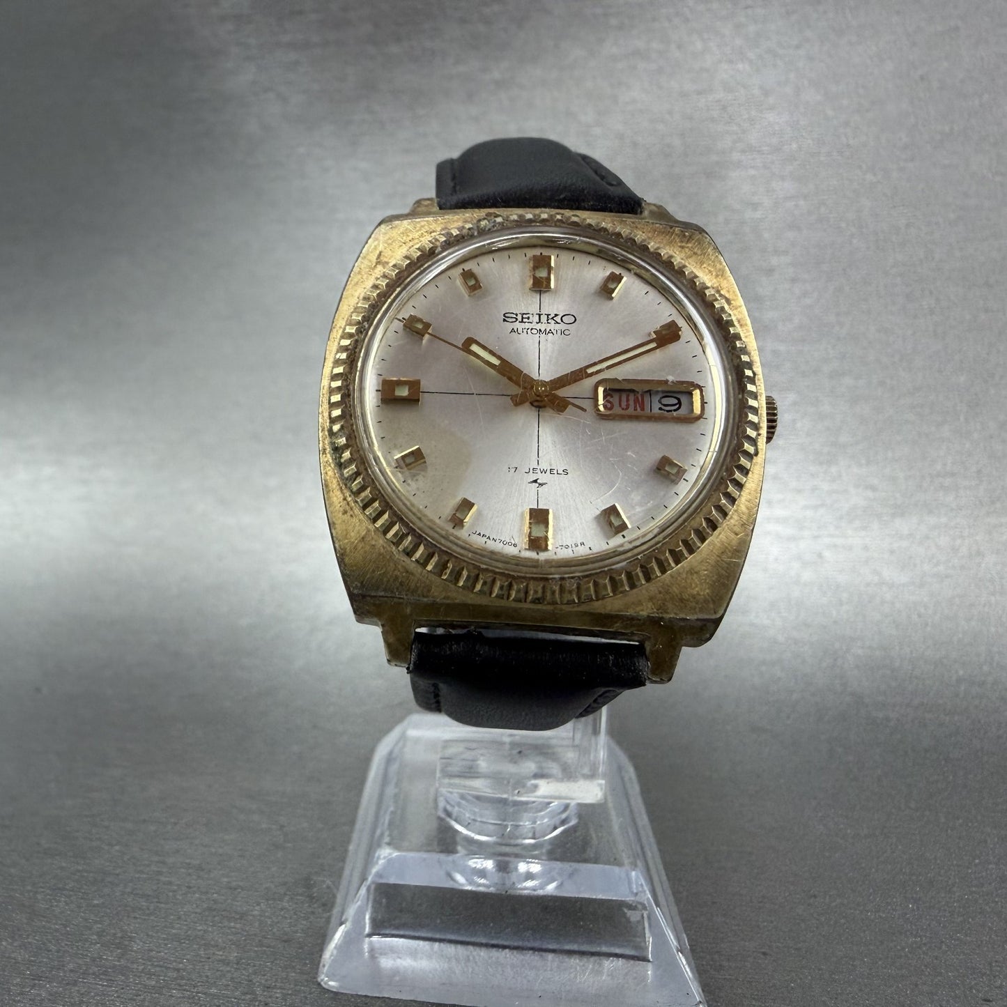 Seiko Automatic Watch Men 35mm Silver Dial Gold Tone Daydate 7006-7019 New Batt5