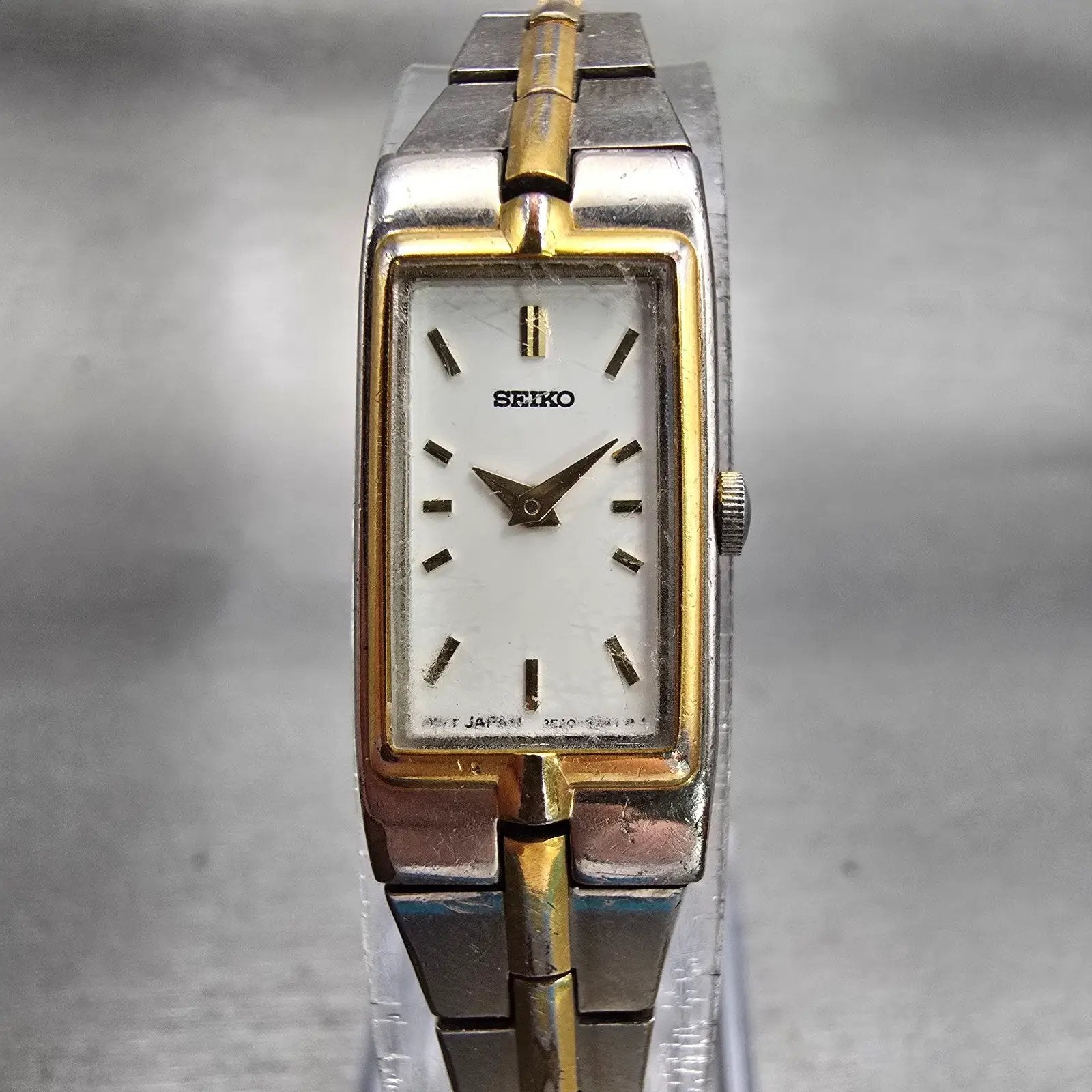 Seiko Watch Women 13mm White Dial Two Tone Rectangle 2E20-7479 New Battery VTG0