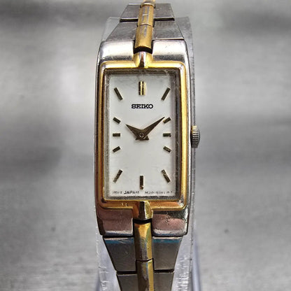 Seiko Watch Women 13mm White Dial Two Tone Rectangle 2E20-7479 New Battery VTG0