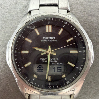 Casio Wave Ceptor  Watch Men 42mm Black Dial Steel Analog Digital Solar READ!!!!1