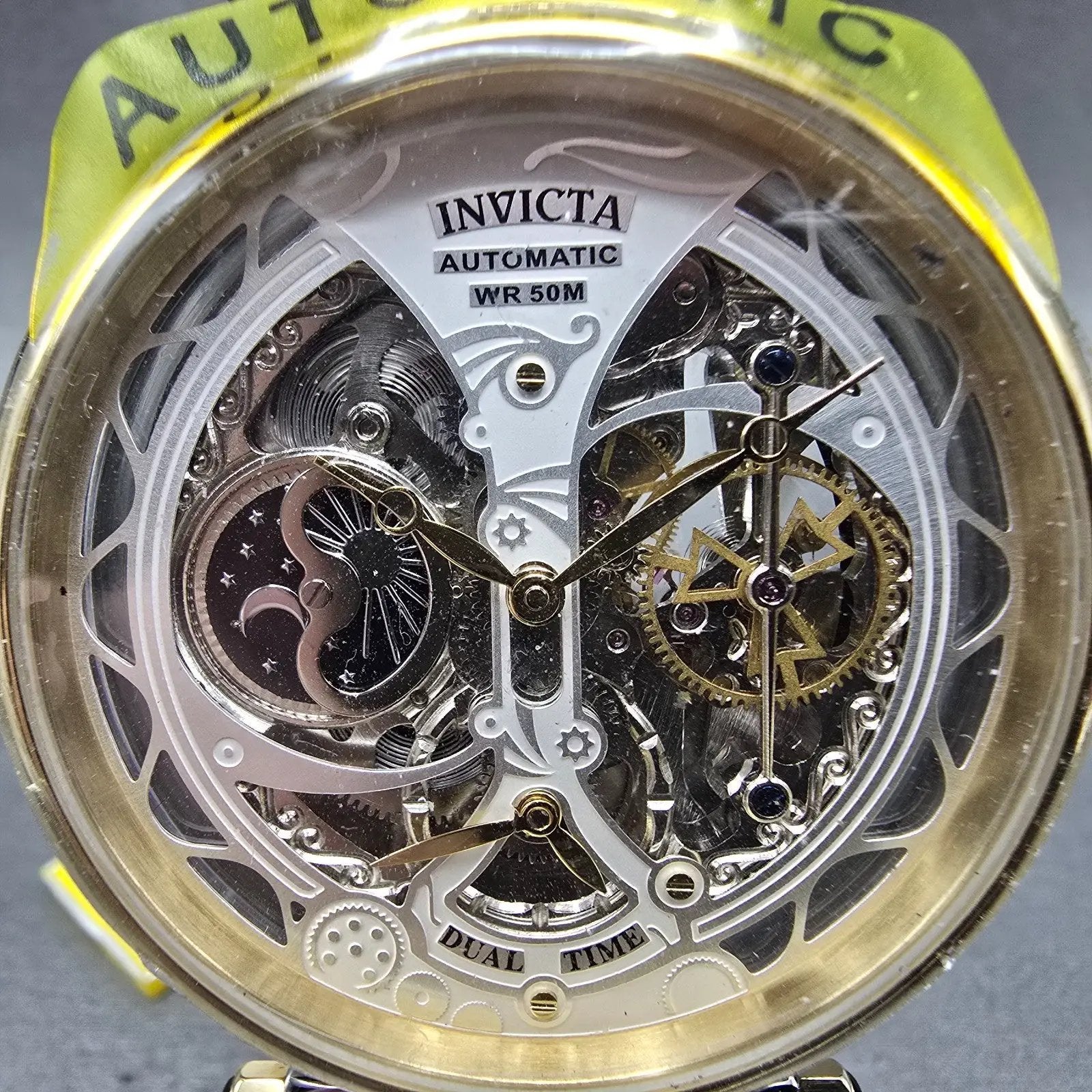 Invicta Objet D'Art Automatic Skeleton Watch Men 46mm Two Tone Dual Time Runs1