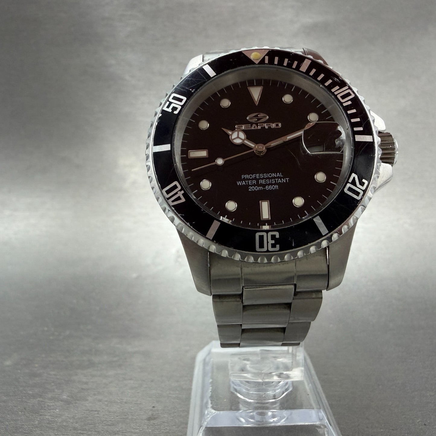 Seapro Dive Watch Men 40mm Black Dial Silver Tone Date Automatic Runs5