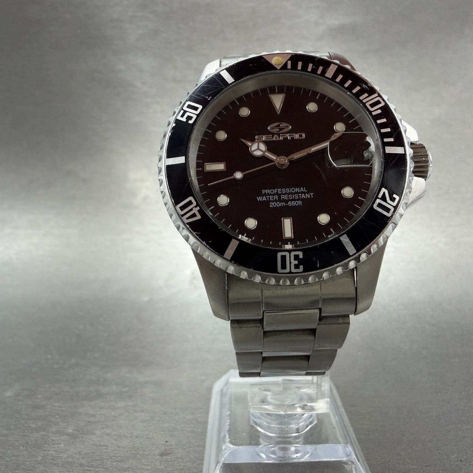 Seapro Dive Watch Men 40mm Black Dial Silver Tone Date Automatic Runs5