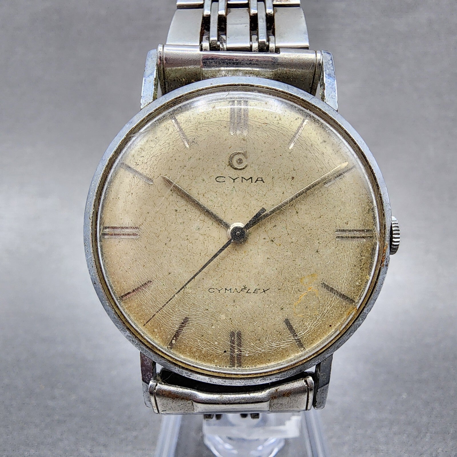 Cyma Cyamflex Watch Men 35mm Cream Dial Silver Tone Round Manual Wind PARTS0