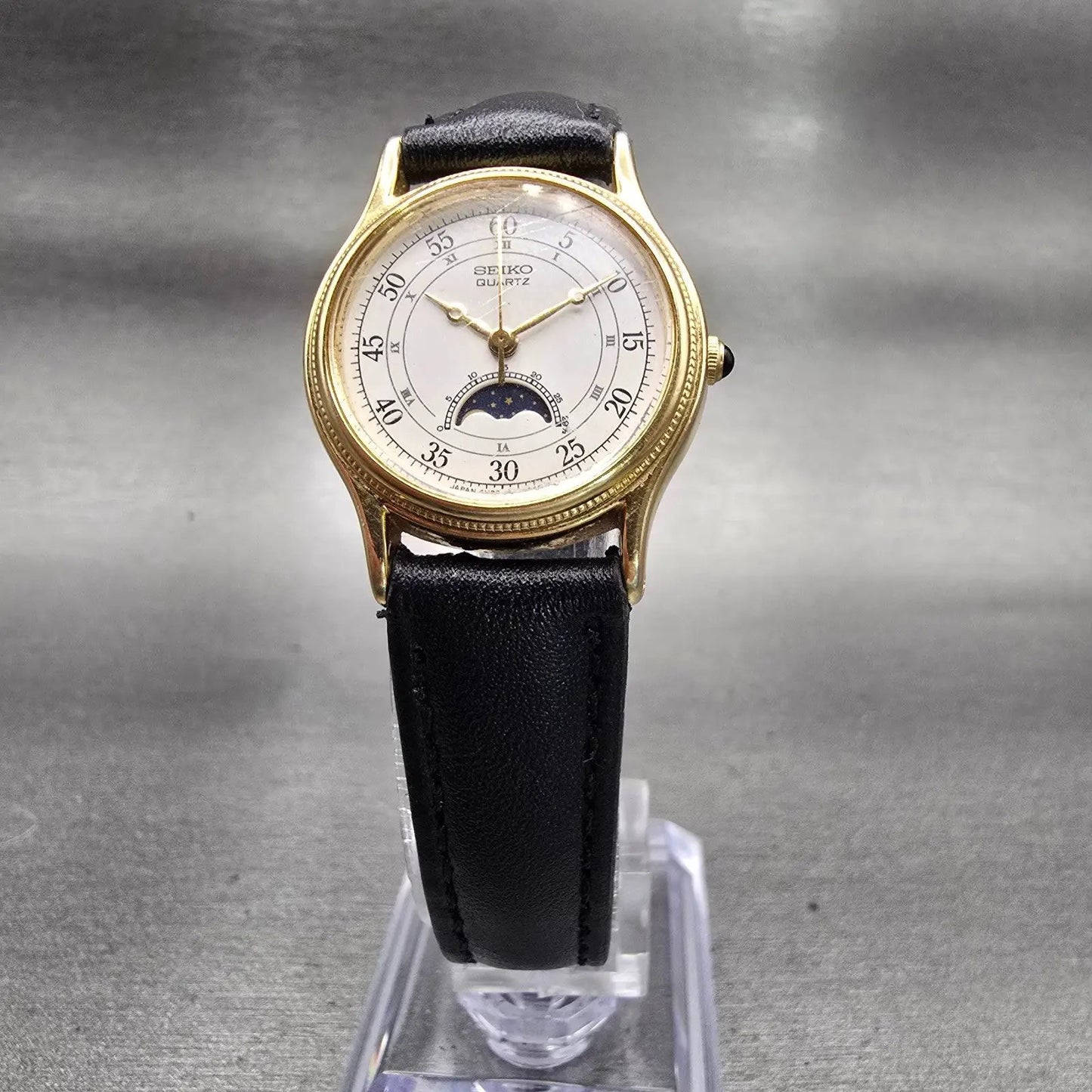 Seiko Moon Phase Watch Women 24mm White Dial Gold Tone 4K22-0050 New Battery VTG5