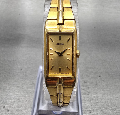 Seiko Tank Watch Women 13mm Gold Dial Gold Tone Rectangle 2E20-7479 New Batt JP0