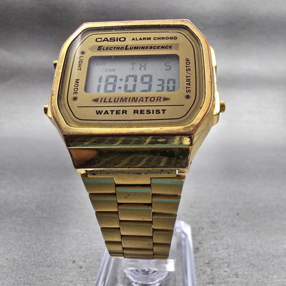 Casio A168 Digital Watch Men 35mm Gold Dial Gold Tone Chrono Alarm New Battery5