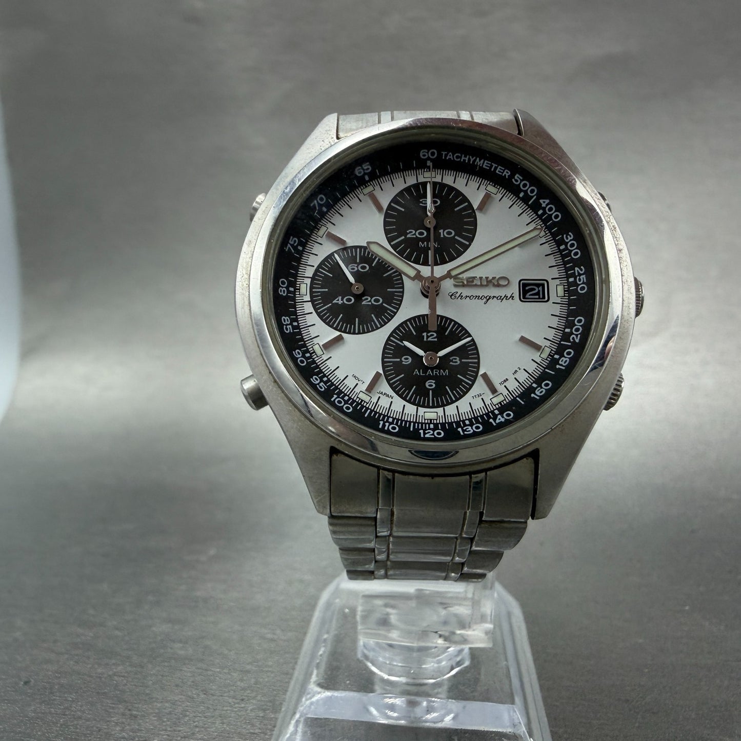 Seiko Chronograph Watch Men 39mm White Dial Steel Date Alarm Panda New Battery5