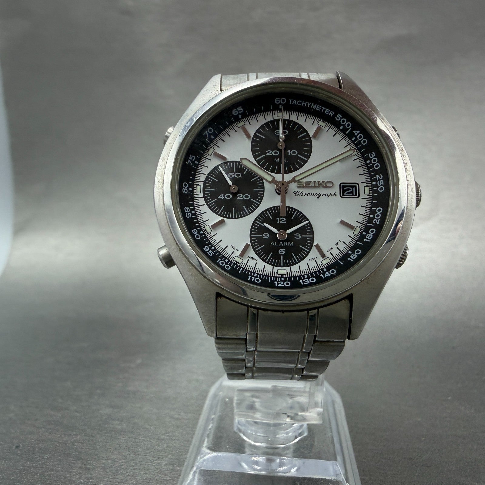 Seiko Chronograph Watch Men 39mm White Dial Steel Date Alarm Panda New Battery5