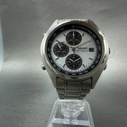 Seiko Chronograph Watch Men 39mm White Dial Steel Date Alarm Panda New Battery5