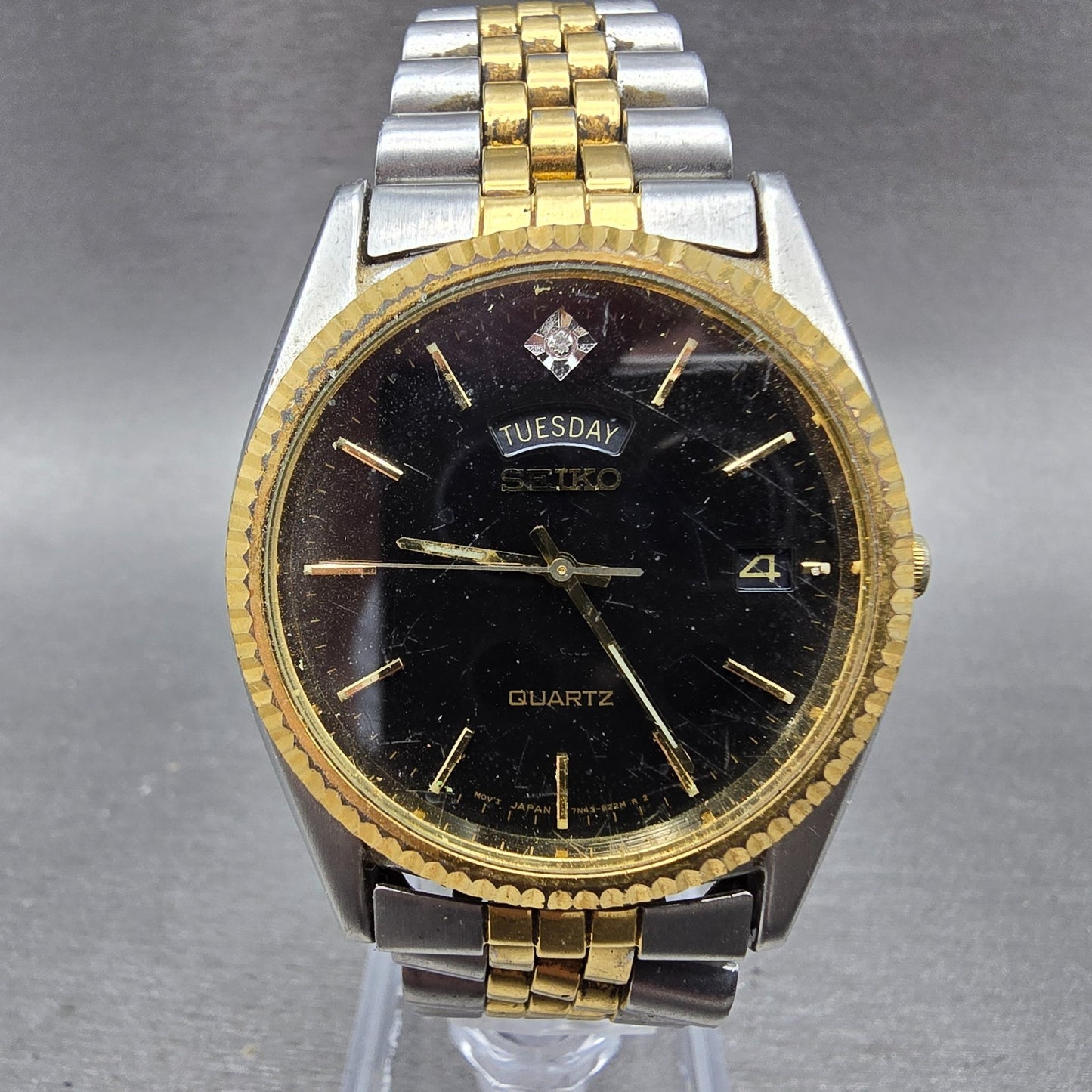 Seiko President Watch Men 36mm Black Dial Two Tone Daydate 7n43-8111 PARTS VTG0