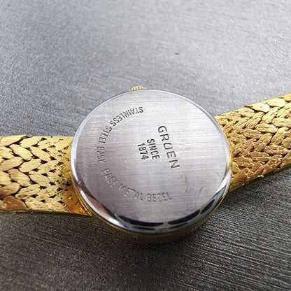 Gruen Watch Women 18mm Gold Dial Gold Tone Round Mesh band New Battery8