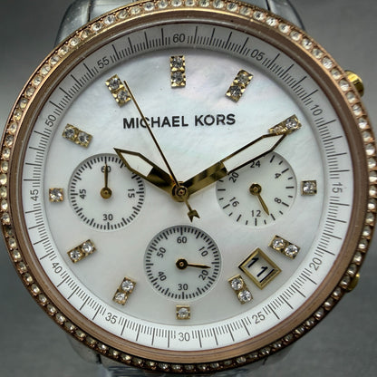 Michael Kors Ritz Chronograph Watch Women 37mm MOP Dial Two Tone New Battery1