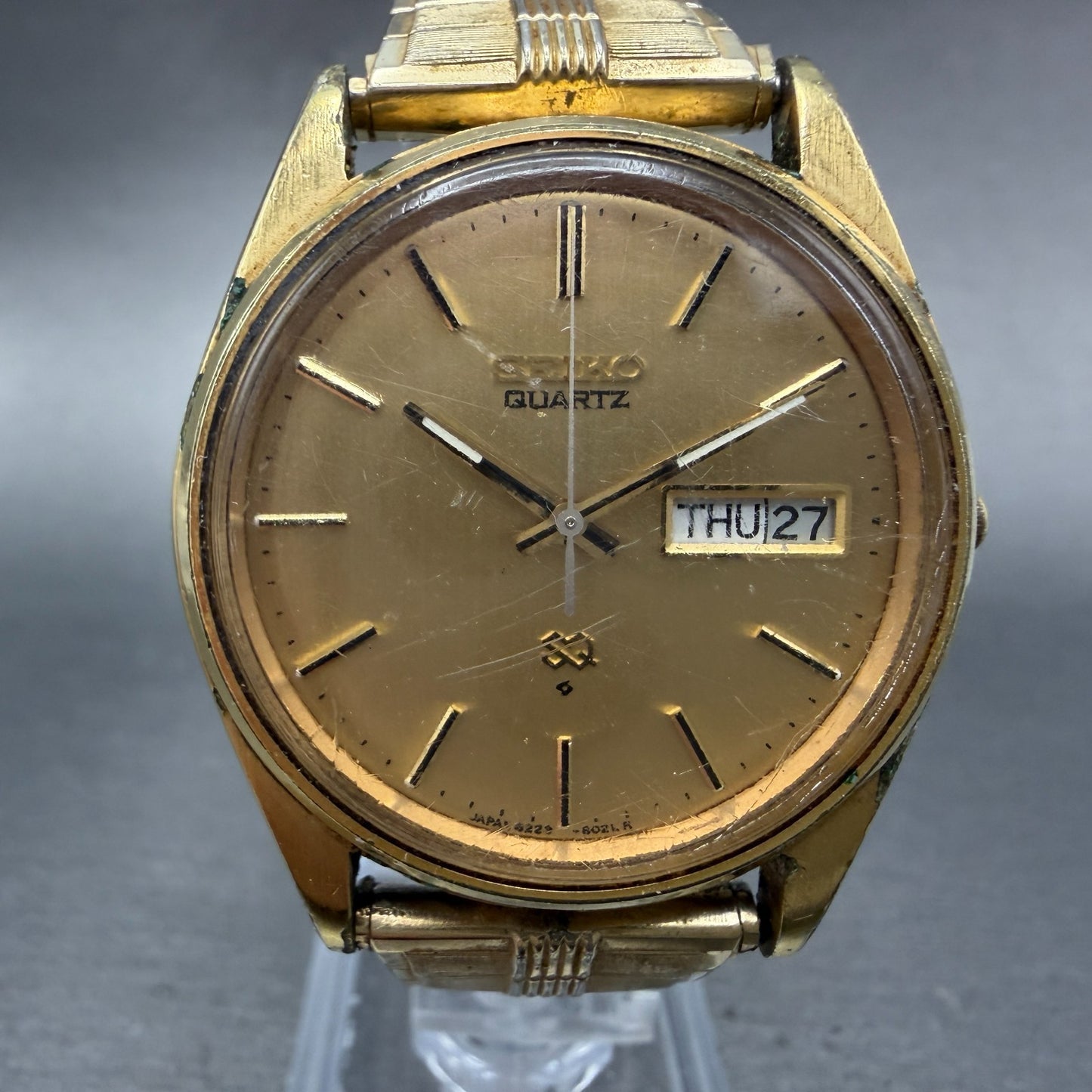 Seiko SQ Watch Men 35mm Gold Dial Gold Tone Daydate Round 8223-8019 New Battery0