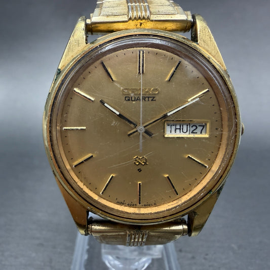 Seiko SQ Watch Men 35mm Gold Dial Gold Tone Daydate Round 8223-8019 New Battery0