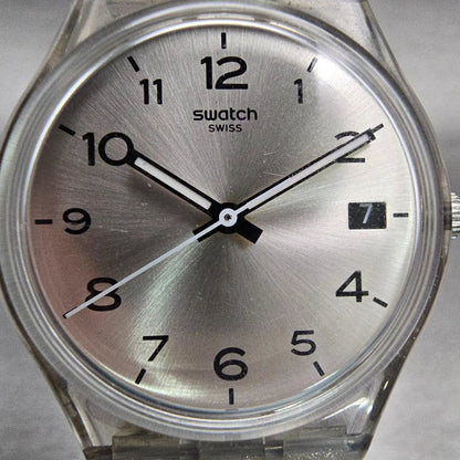 Swatch Silverblush Watch Men 34mm Silver Dial Clear Case Date GM416C New Battery1
