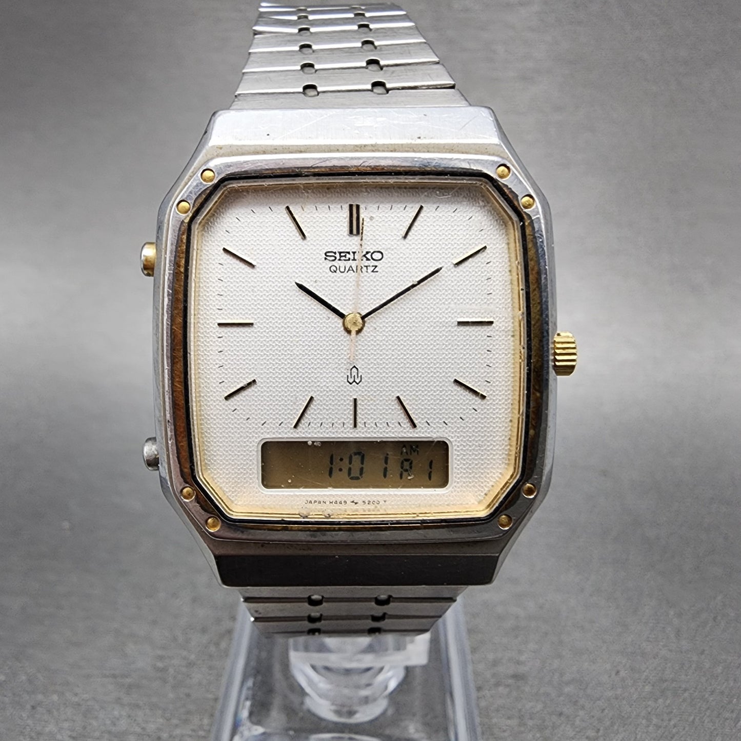 Seiko Analog Digital Watch Men 32mm White Dial Two Tone Alarm H4495150 PARTS0