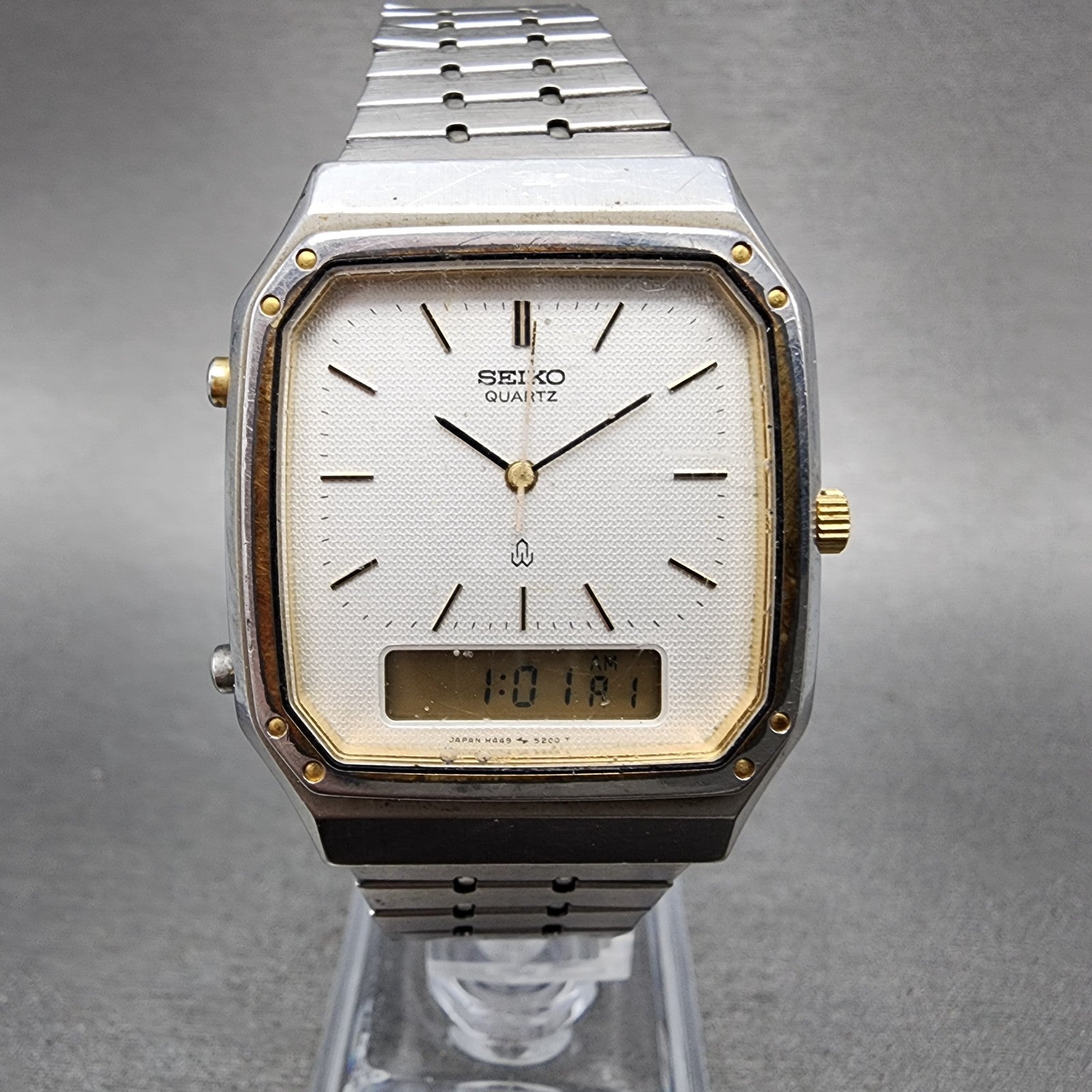 Seiko Analog Digital Watch Men 32mm White Dial Two Tone Alarm H4495150 PARTS0