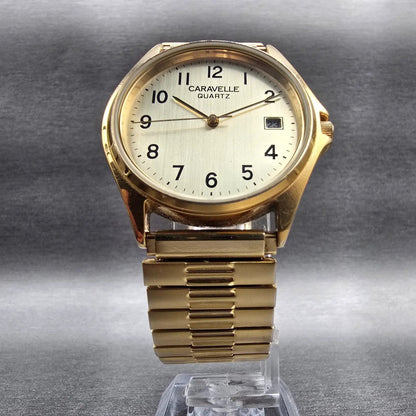 Bulova Caravelle Watch Men 34mm Gold Dial Gold Tone Date 42B54 New Battery5