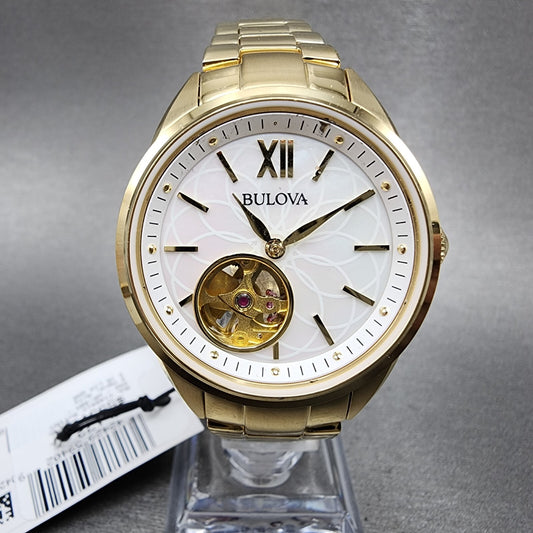 Bulova Skeleton Watch Women 34mm White Dial Gold Tone Auto 97L172 PARTS READ!!!!0