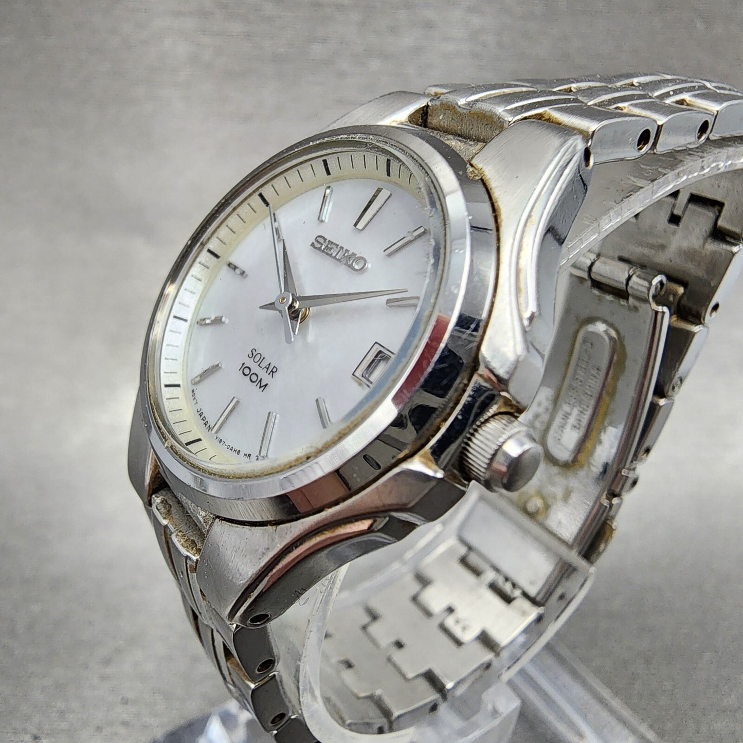 Seiko Solar Watch Women 28mm Mop Silver Tone Date Round V1870ac0 Runs2