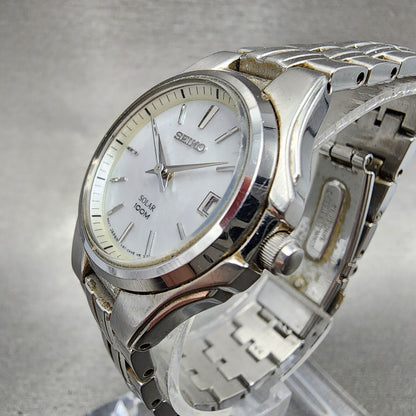 Seiko Solar Watch Women 28mm Mop Silver Tone Date Round V1870ac0 Runs2