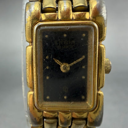 Citizen CQ Tank Watch Women 14mm Black Dial Gold Tone Rectangle New battery VTG1