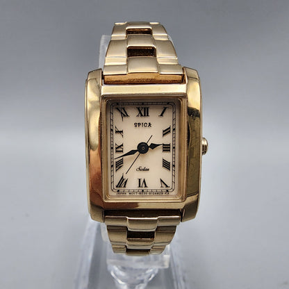 Spica Tic Tac Watch Women Rose Gold Tone Cream Dial Solar 19mm Rectangle Works