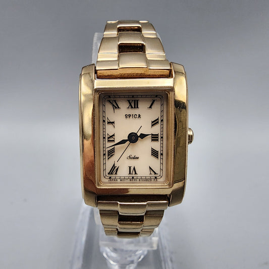 Spica Tic Tac Watch Women Rose Gold Tone Cream Dial Solar 19mm Rectangle Works