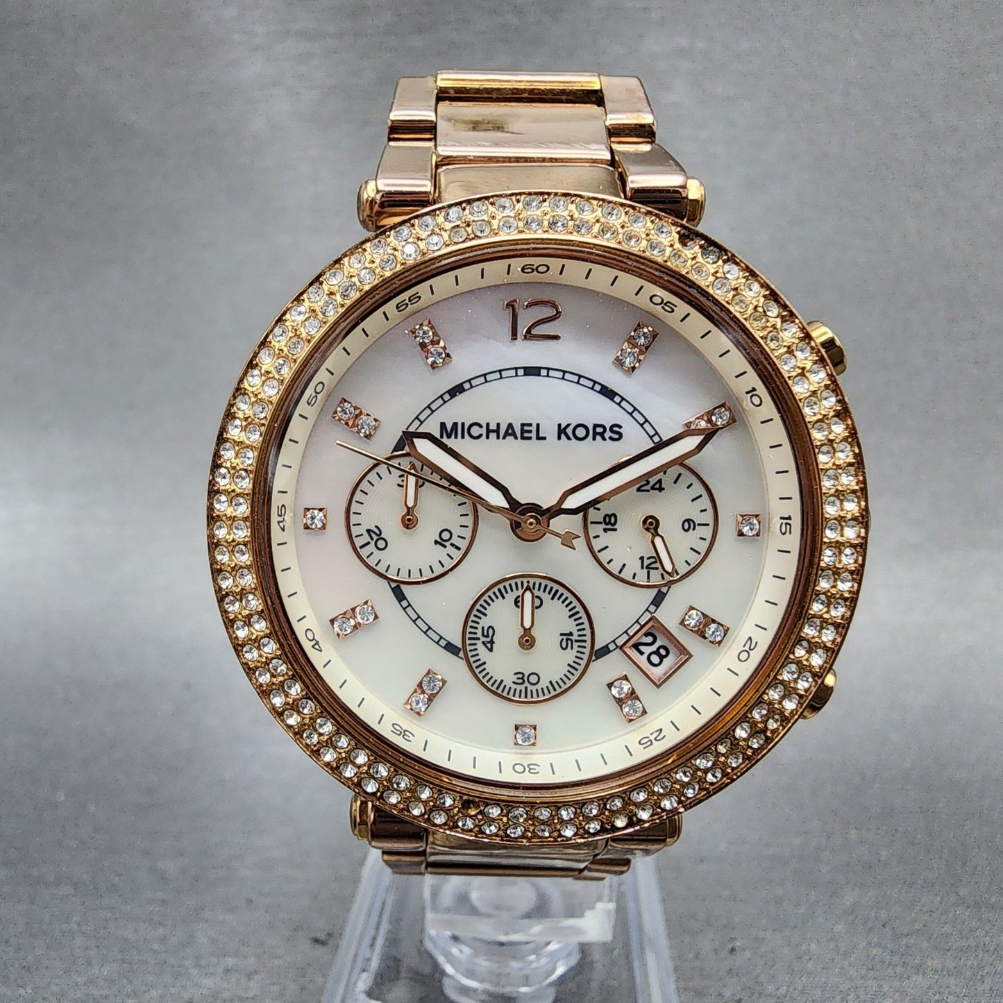 Michael Kors Parker Watch Women 39mm MOP Dial Rose Gold Tone Daydate New Battery0