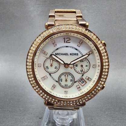 Michael Kors Parker Watch Women 39mm MOP Dial Rose Gold Tone Daydate New Battery0