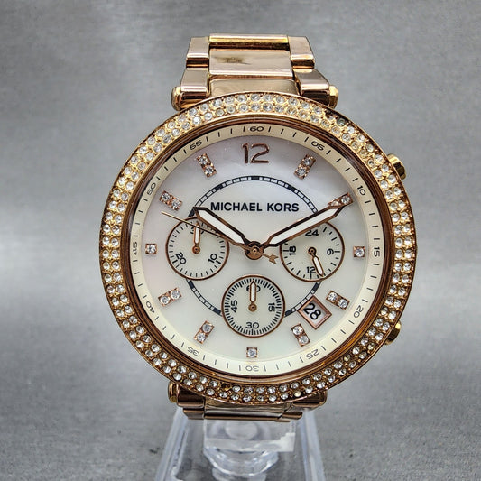 Michael Kors Parker Watch Women 39mm MOP Dial Rose Gold Tone Daydate New Battery0
