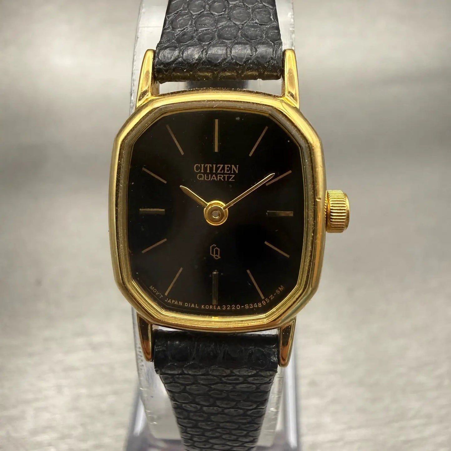 Citizen CQ Watch Women 17mm Black Dial Gold Tone Rectangle 3220-893476 New Batt0