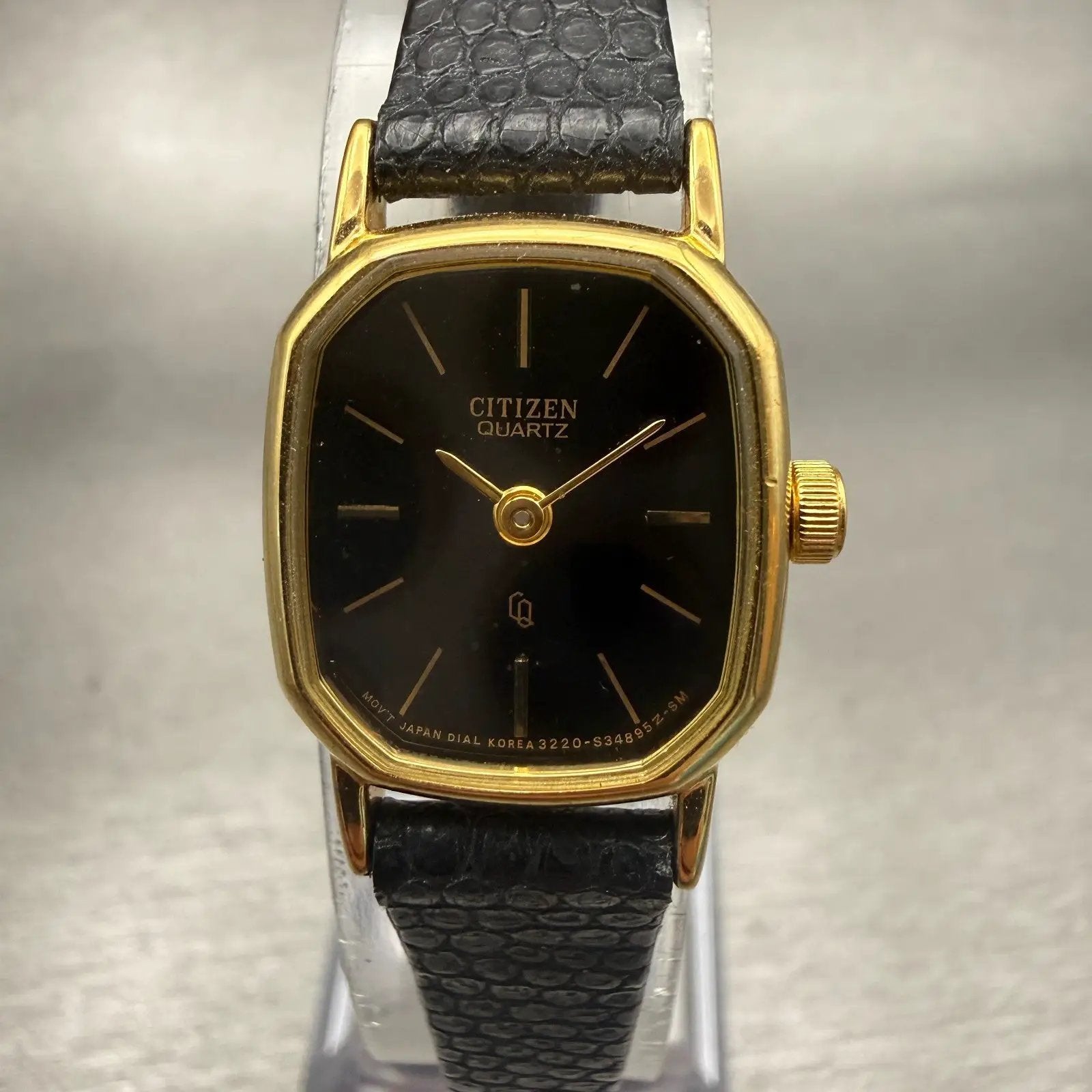 Citizen CQ Watch Women 17mm Black Dial Gold Tone Rectangle 3220-893476 New Batt0