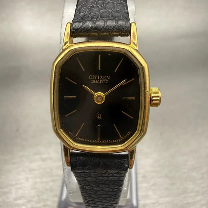 Citizen CQ Watch Women 17mm Black Dial Gold Tone Rectangle 3220-893476 New Batt0