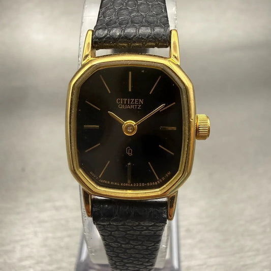 Citizen CQ Watch Women 17mm Black Dial Gold Tone Rectangle 3220-893476 New Batt0