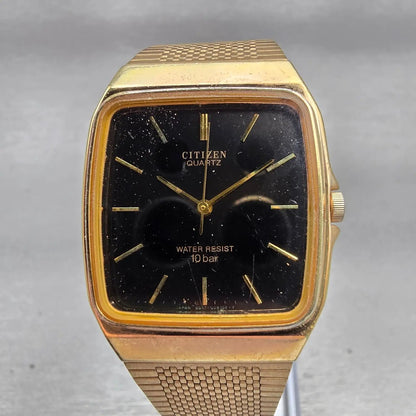 Citizen Watch Men 28mm Black Dial Gold Tone Rectangle T4-G02646 New Battery VTG0
