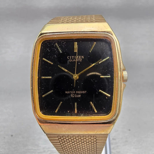 Citizen Watch Men 28mm Black Dial Gold Tone Rectangle T4-G02646 New Battery VTG0