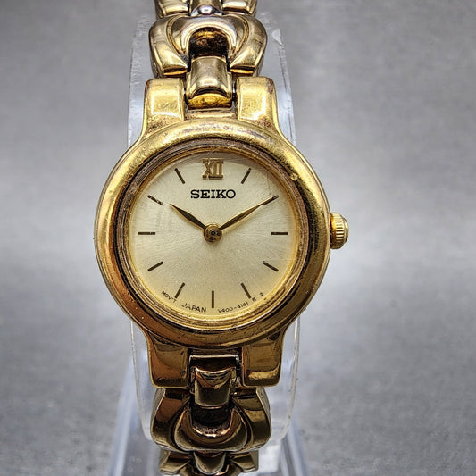 Seiko Watch Women 19mm Champagne Dial Gold Tone Round V4001130 New Battery0