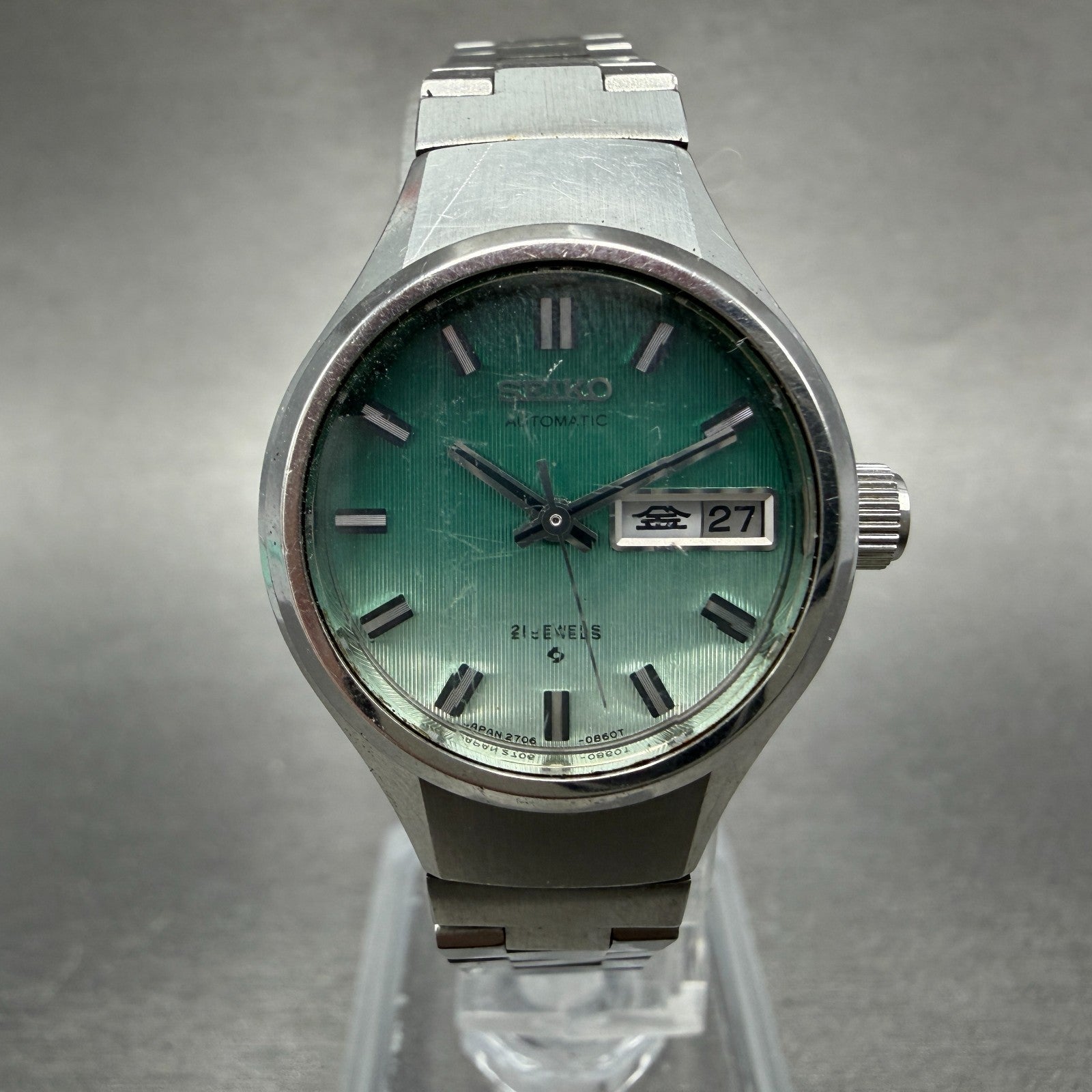 Seiko Automatic Watch Women 24mm Green Dial Silver Tone Daydate 2706-0310 Runs0