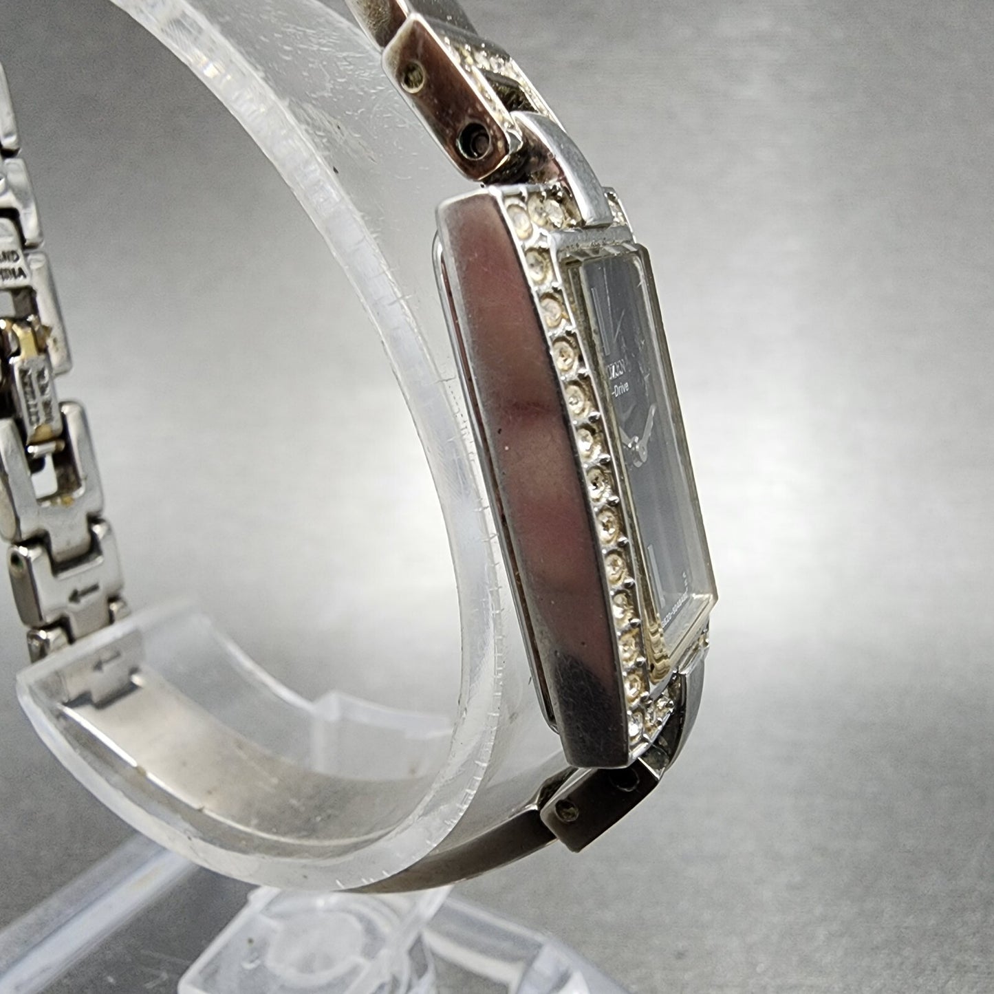 Citizen EcoDrive Tank Watch Women 14mm Black Dial Steel Rectangle Crystals Runs3