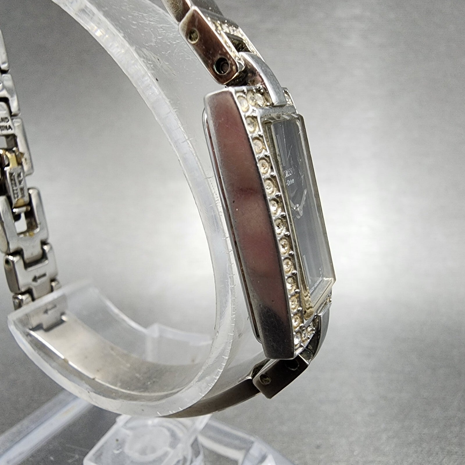 Citizen EcoDrive Tank Watch Women 14mm Black Dial Steel Rectangle Crystals Runs3