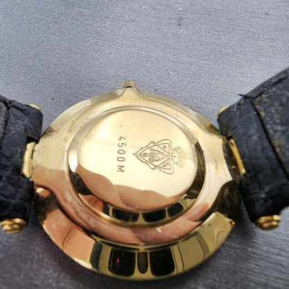 Gucci 4500m Watch Men 32mm Black Dial Gold Plated Round Leather Band New Battery9