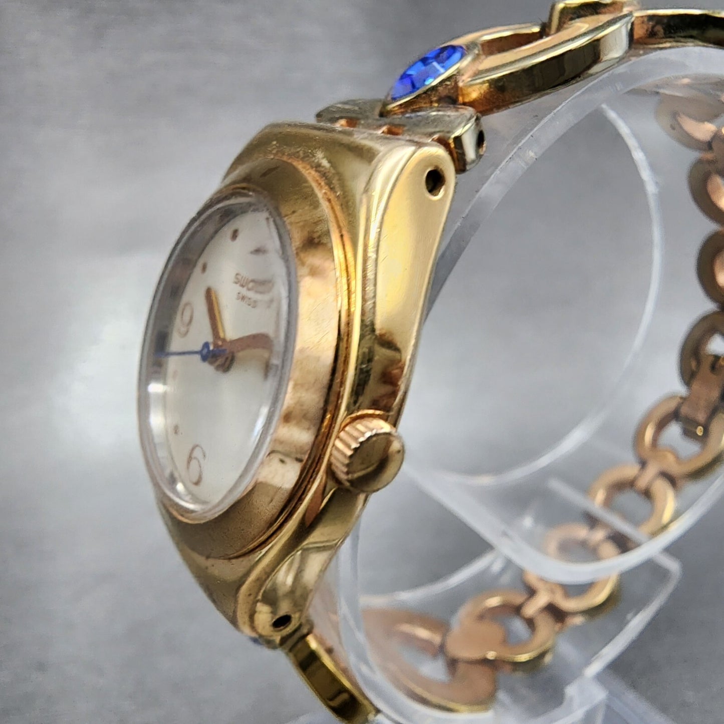 Swatch Irony Watch Women Champagne Dial Rose Gold Tone Round Purple Gems New Bat1