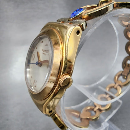 Swatch Irony Watch Women Champagne Dial Rose Gold Tone Round Purple Gems New Bat1